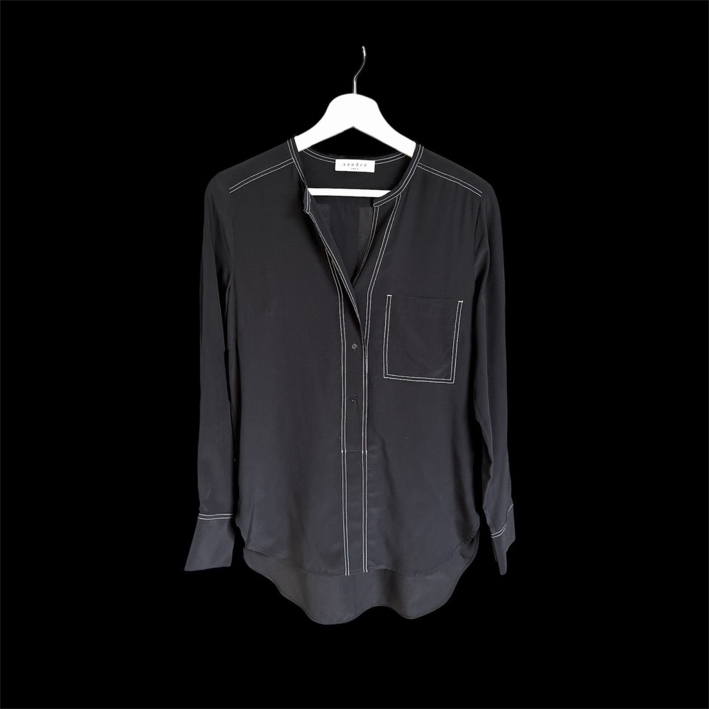 Sandro Silk Button Up Shirt Sz Med Long Sleeve Black Pocket